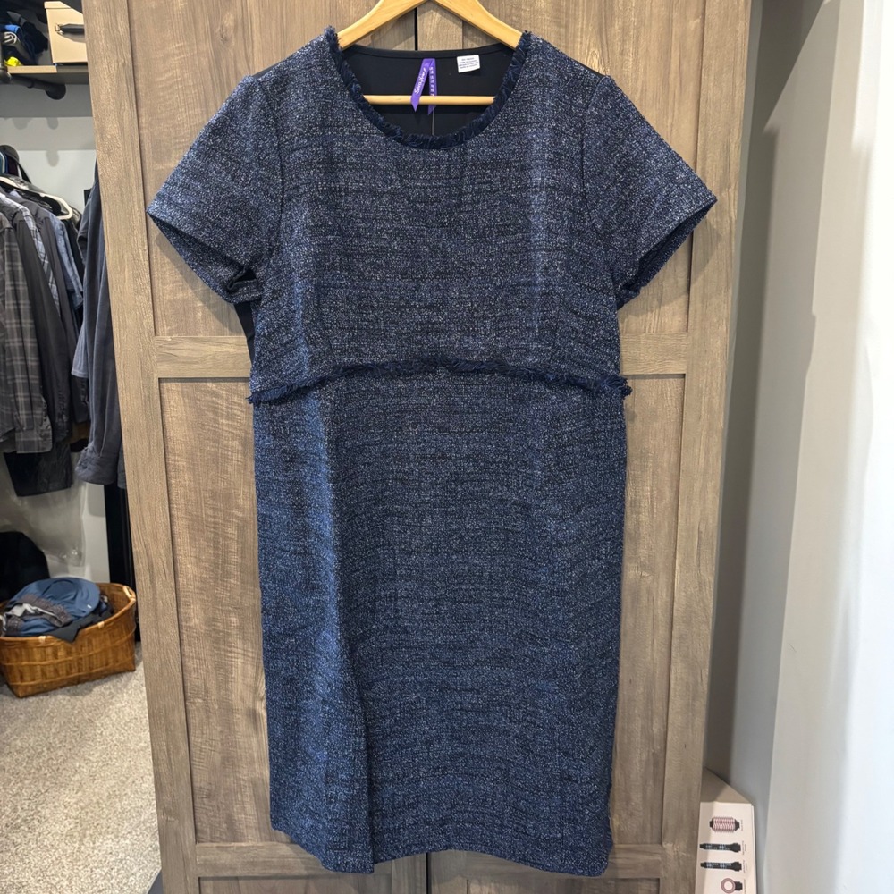 NWT Seraphine Kiara Navy Blue Tweed A-line Maternity Dress Fringe Size US 14